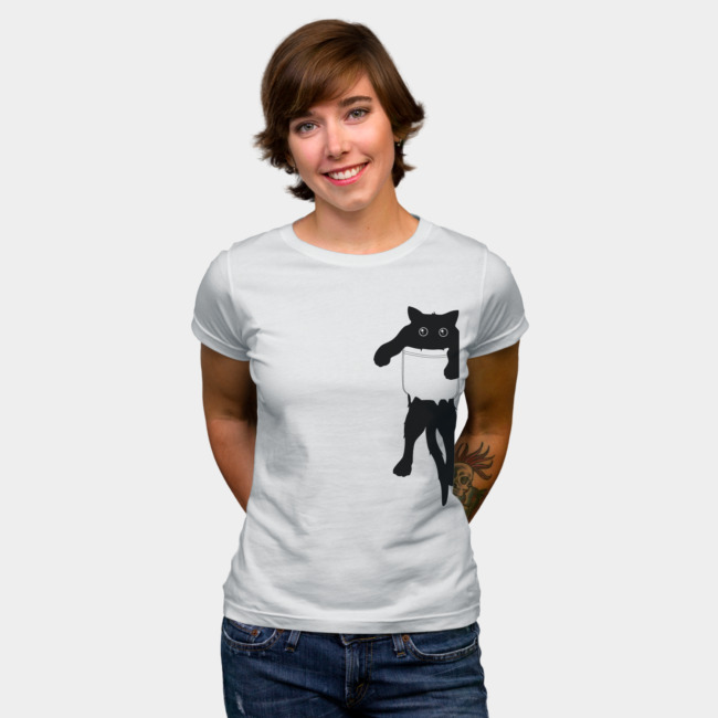 Hang loose black cat pocket art T-shirt Design by tobiasfonseca woman