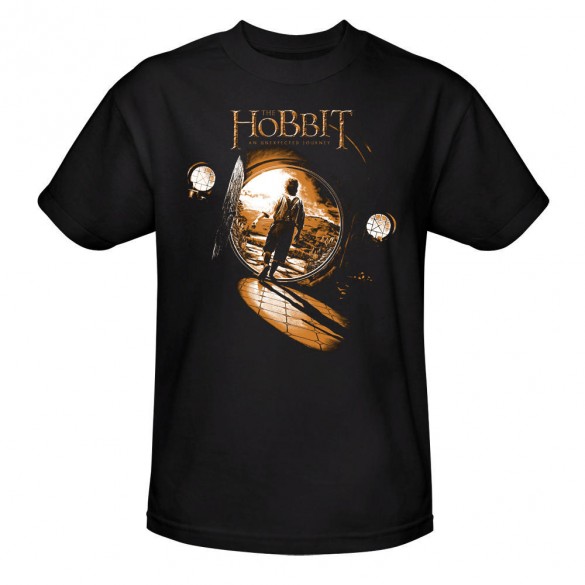 The Hobbit An Unexpected Journey Bilbo in Door with Ring Black Tee official t-shirt design