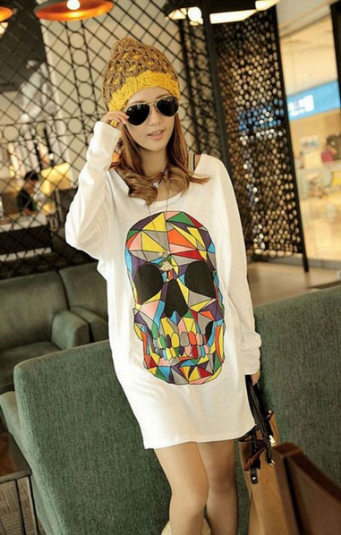 Loose Colored Skull Floral Woman Bat Sleeve Top T-shirt 2