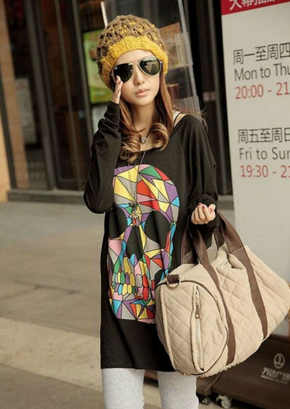 Loose Colored Skull Floral Woman Bat Sleeve Top T-shirt 3
