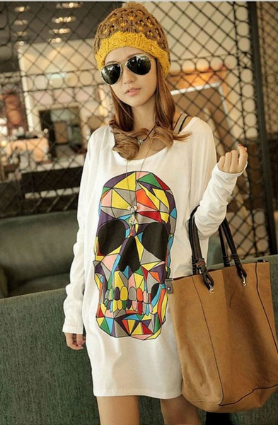 Loose Colored Skull Floral Woman Bat Sleeve Top T-shirt 4