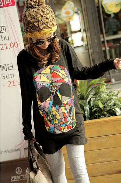 Loose Colored Skull Floral Woman Bat Sleeve Top T-shirt