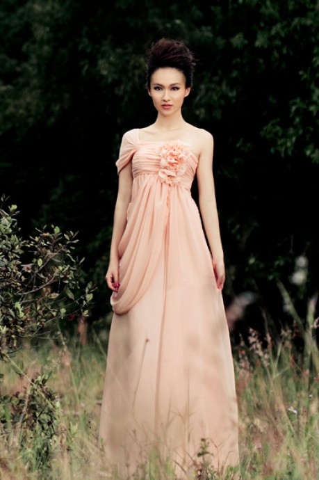ONE SHOULDER LACE UP FLOOR LENGTH CHIFFON DRESS WITH HANDMADE
