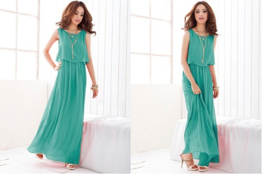 Stylish Candy Solid Full Length Casual Women Chiffon Long Tube Dress 2 Colors green 2