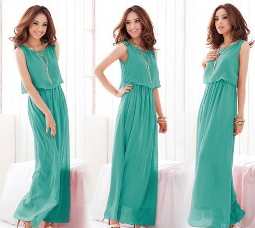 Stylish Candy Solid Full Length Casual Women Chiffon Long Tube Dress 2 Colors green