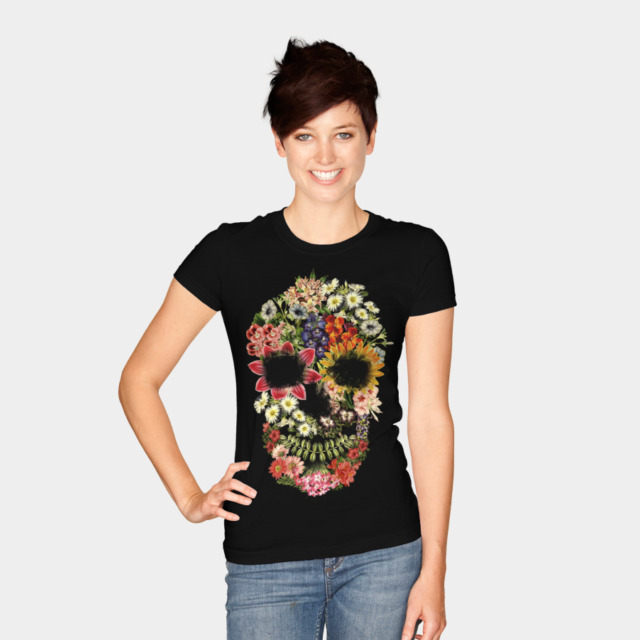Floral Skull Vintage Black T-shirt by tobiasfonseca woman