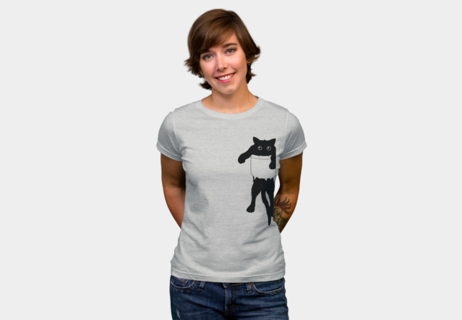 Hang loose black cat pocket art T-shirt Design by happycolor woman