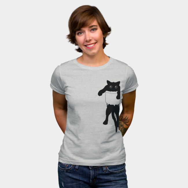 Hang loose black cat pocket art T-shirt Design by happycolours woman