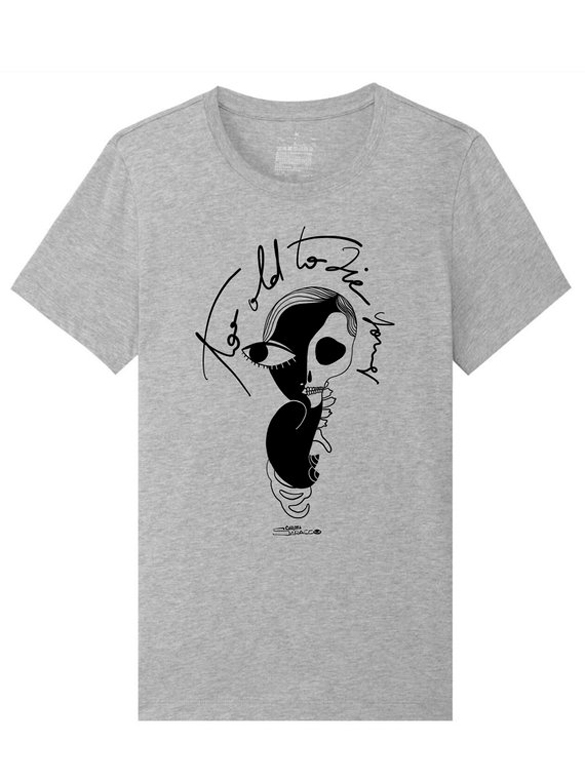 Serigraphy of a skeletton woman, t-shirt design by CarlottaInk